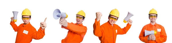 Builder with loudspeaker isolated on white — Stock Photo, Image