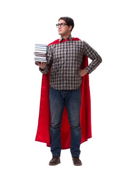 Kitapları beyaza ayrılmış süper kahraman öğrenci.