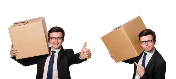 Hombre divertido con cajas aisladas en blanco — Foto de Stock