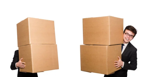 Hombre divertido con cajas aisladas en blanco — Foto de Stock