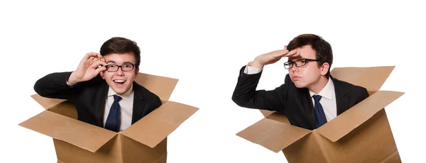 Hombre divertido con cajas aisladas en blanco — Foto de Stock