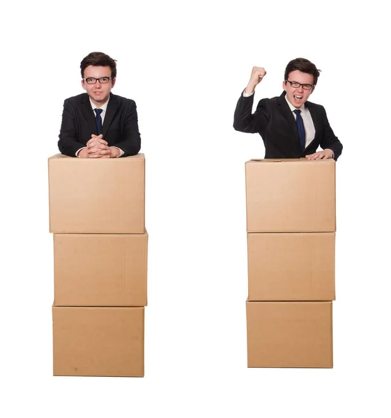 Hombre divertido con cajas aisladas en blanco —  Fotos de Stock