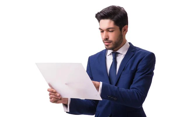 Empresário trabalhando em comprimido isolado no fundo branco — Fotografia de Stock