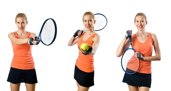 Young woman playing tennis isolated on white — Stock Photo, Image