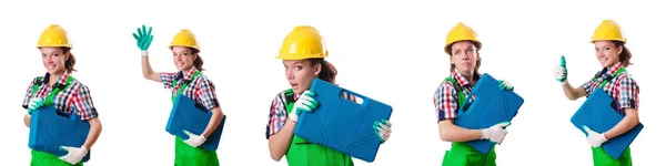 Young woman with toolkit on white — Stock Photo, Image