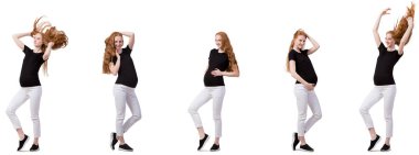 Karmaşık görüntülü hamile kadın beyazda izole edilmiş.