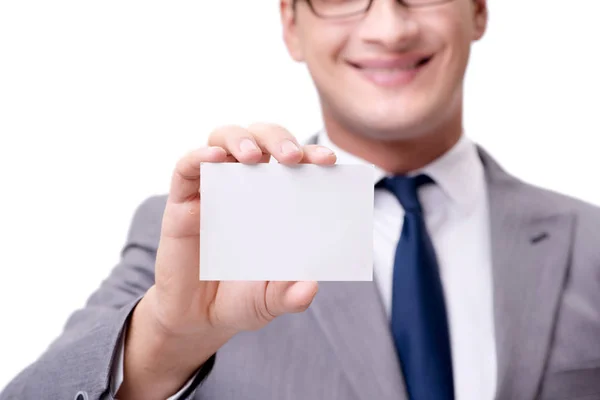 Biznesmen z pustą kartę na białym tle — Zdjęcie stockowe