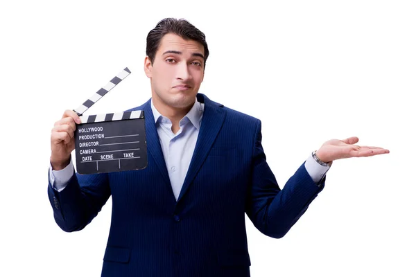 Hombre guapo con aplauso de película aislado en blanco —  Fotos de Stock