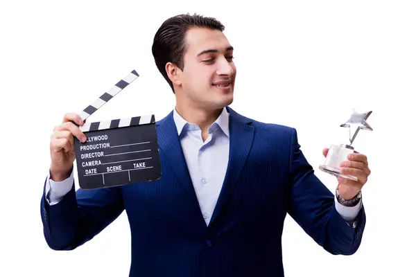 Hombre guapo con aplauso de película aislado en blanco —  Fotos de Stock