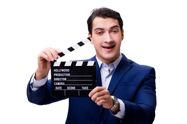 Handsome man with movie clapper isolated on white — Stock Photo, Image