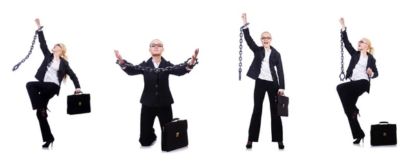 Affärskvinna med kedja isolerad på den vita — Stockfoto