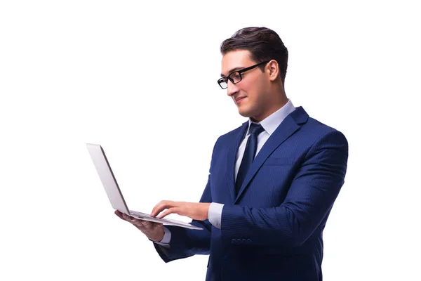 Uomo d'affari con computer portatile isolato su bianco — Foto Stock