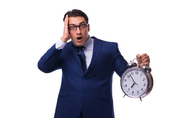 Businessman with alarm clock isolated on white — Stock Photo, Image