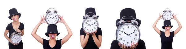 Jeune femme avec horloge isolée sur blanc — Photo