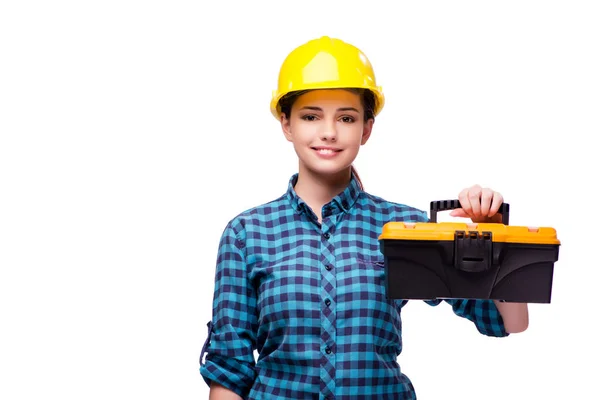 Jovem mulher em conceito industrial isolado em branco — Fotografia de Stock