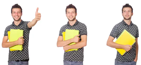 Jovem estudante com livro e mochila em branco — Fotografia de Stock