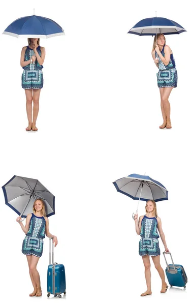 Colagem de mulher com guarda-chuva e mala — Fotografia de Stock