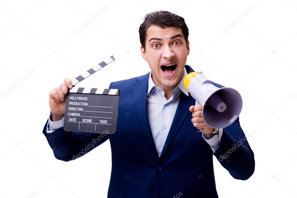 Handsome man with movie clapper isolated on white