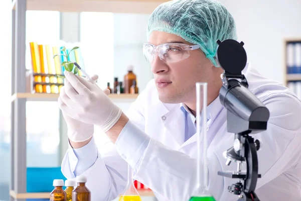 Conceito de biotecnologia com cientista em laboratório — Fotografia de Stock