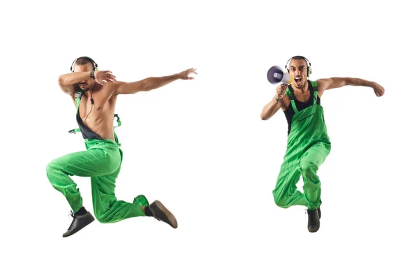 Construction worker jumping and dancing — Stock Photo, Image