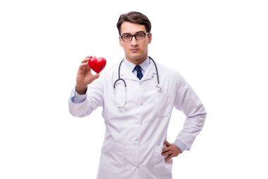 Beyaz arka plan üzerinde izole kalp ile doktor