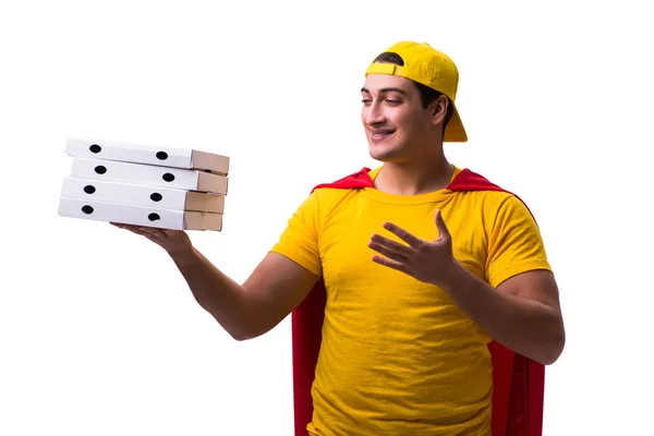 Super herói entrega de pizza cara isolado no branco — Fotografia de Stock