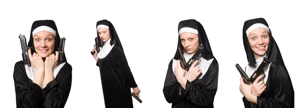 Nun with gun isolated on white — Stock Photo, Image