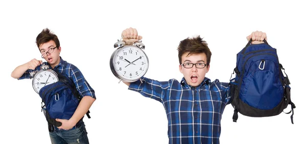 Student missing his studying deadlines on white — Stock Photo, Image