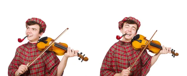 Lustiger Schotte mit Geige auf Weiß — Stockfoto