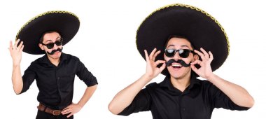 Meksika şapkası takan komik bir adam beyaz şapkalı.