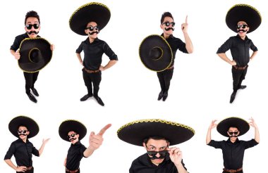 Meksika şapkası takan komik bir adam beyaz şapkalı.