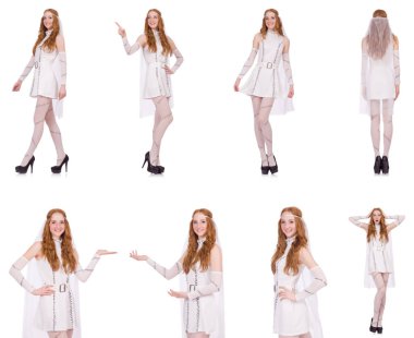 Beyaz tenli, açık renkli, büyüleyici elbiseli güzel bayan.