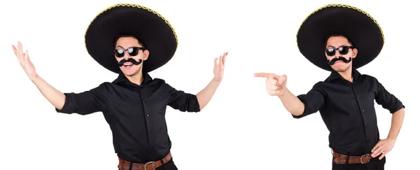 Смішний чоловік в мексиканському сомбреро капелюсі ізольований на білому — стокове фото