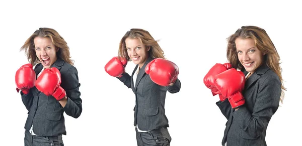 Jovem com luvas de boxe isolado em branco — Fotografia de Stock