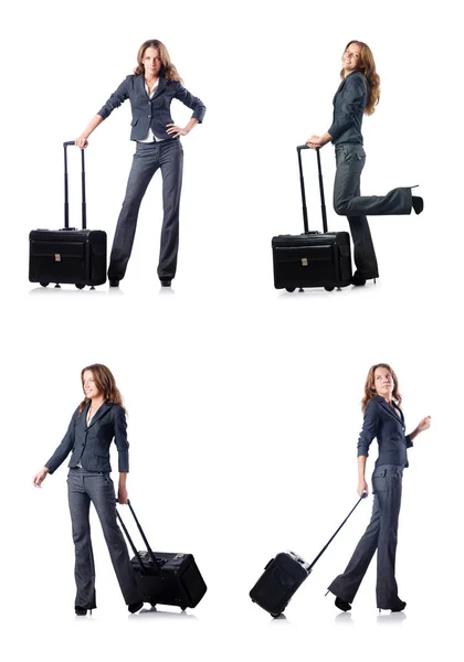 Geschäftsfrau mit Koffer auf Weiß — Stockfoto