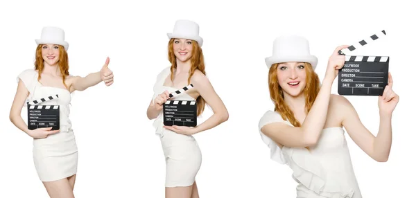 Jeune femme avec plateau de cinéma sur blanc — Photo