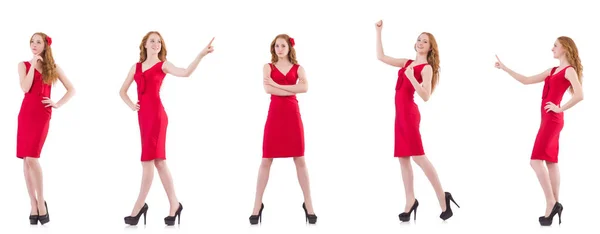 Menina bonita em vestido vermelho isolado no branco — Fotografia de Stock