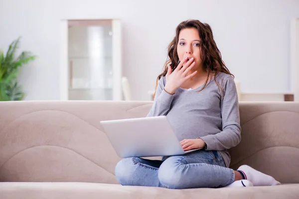 Mulher grávida trabalhando no laptop sentado no sofá — Fotografia de Stock