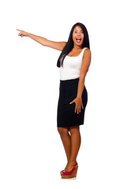 Beyaz arka planda izole edilmiş güzel bir kadın modeli.