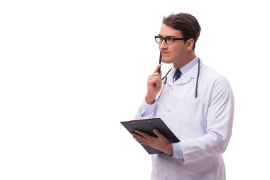 Beyaz arka planda izole genç doktor