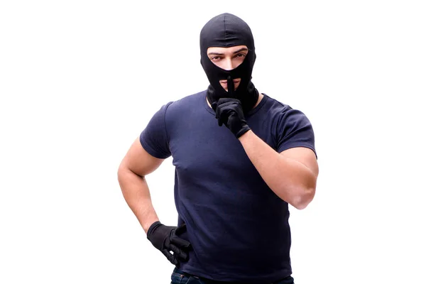 Robber wearing balaclava isolated on white — Stock Photo, Image