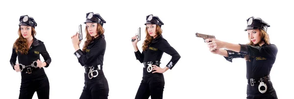 Mulher polícia com algemas no branco — Fotografia de Stock