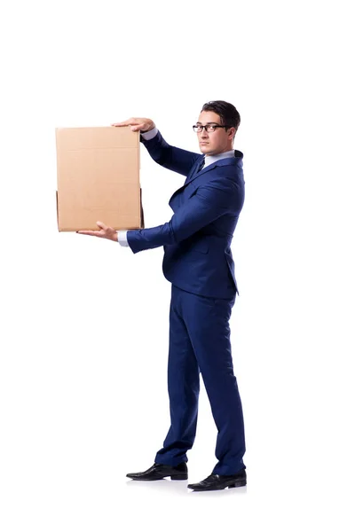 İş adamı kaldırma kutusu beyaz üzerine izole — Stok fotoğraf