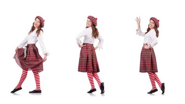 Söt flicka i rutiga röda kläder isolerad på vit — Stockfoto