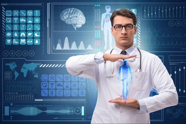Lekarz w futurystycznej koncepcji medycznej naciśnięcie przycisku — Zdjęcie stockowe