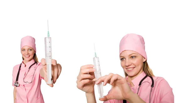 Žena lékař s injekční stříkačkou na bílém — Stock fotografie