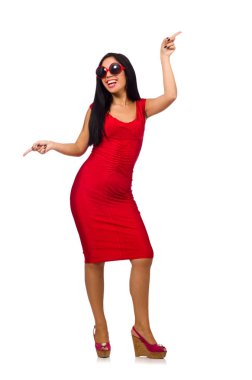 Beyaz arka planda izole edilmiş güzel bir kadın modeli.