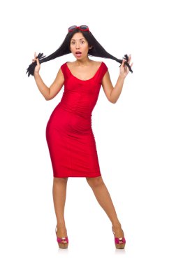 Beyaz arka planda izole edilmiş güzel bir kadın modeli.