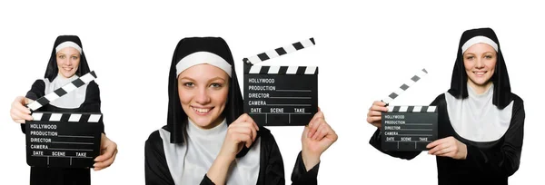 Nonne avec panneau de film isolé sur blanc — Photo