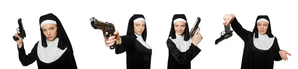 Nun with handgun isolated on white — Stock Photo, Image